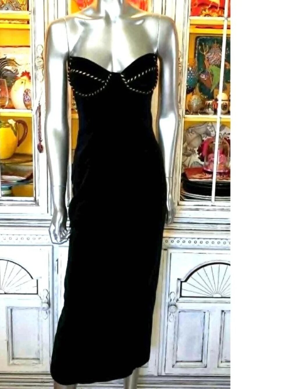 Vintage Betsey Johnson LUXE 90s RUNWAY SHOW Black Stretch Velvet Midi Slip Dress - Picture 4 of 16
